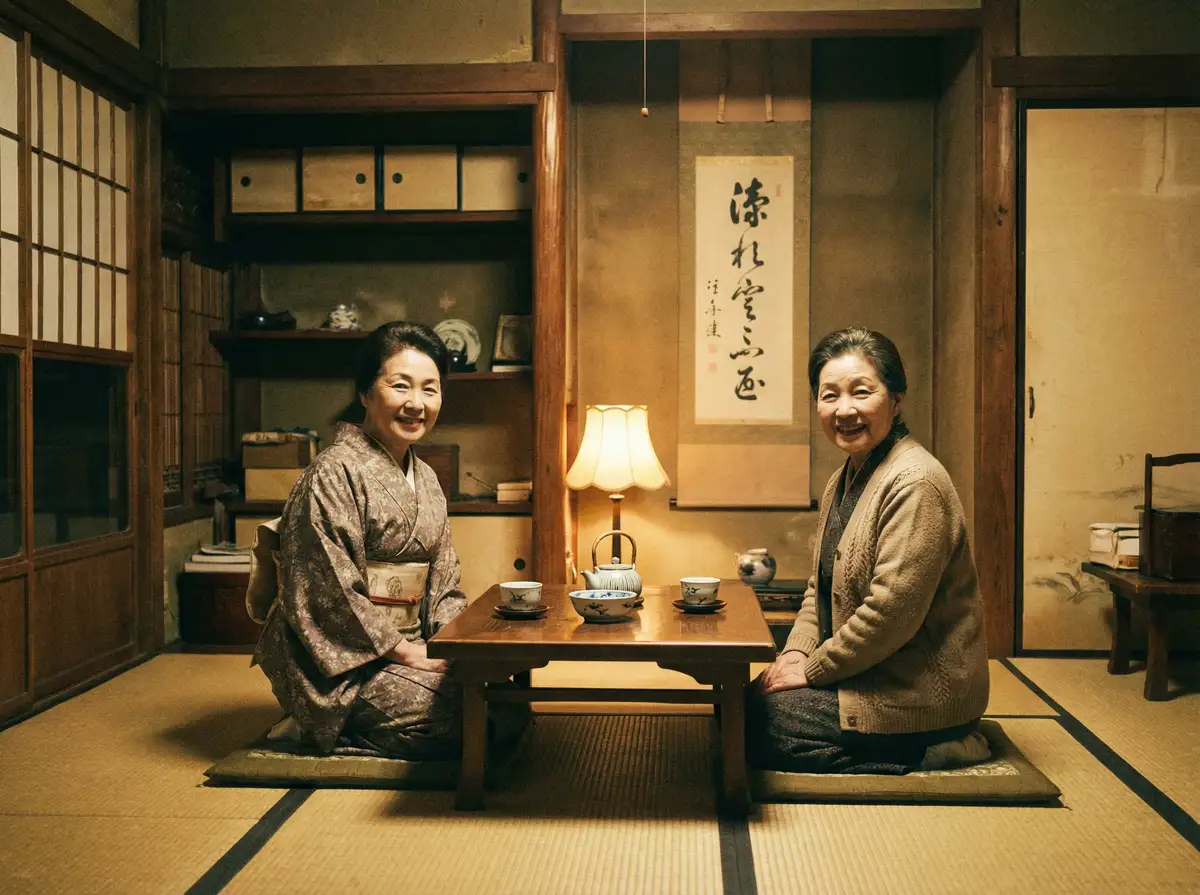 两位优雅的 观音桥毕加索 在日式茶室中品茶交谈
